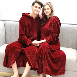 Women Winter Hooded Plus Size Long Warm Flannel Dressing Gown Pregnant Zipper Bathrobe Lovers Cozy Bath Robe Men Night Sleepwear