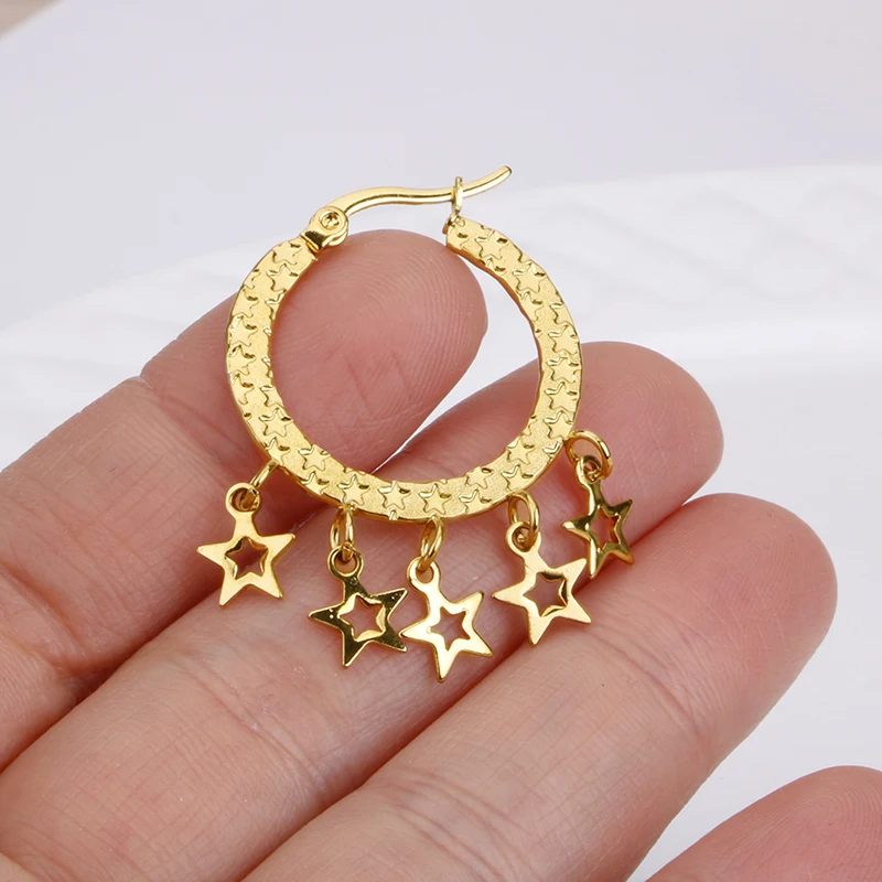 Hgflyxu Gold Color Hoop Earring for Women Star High Quality Tassel Ear Gift Party Stainless Steel Fashion Jewelry