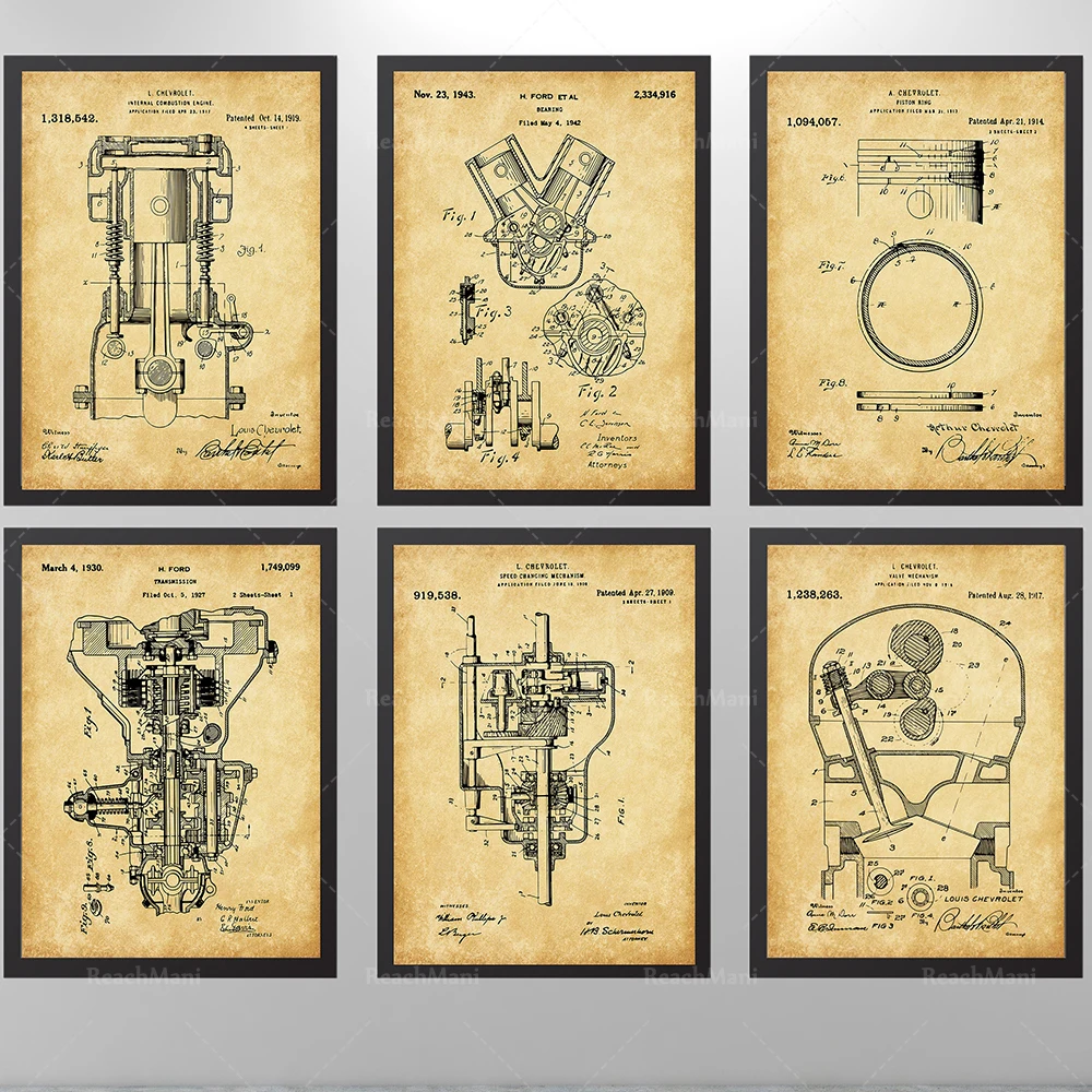 Patent 6-piece set of engine internal components, patents for bearings, internal combustion engines, gearboxes, pistons, gifts f