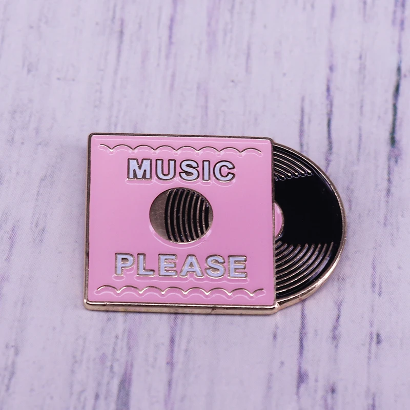 Music Please Lapel Pin Pink Record Cartoon Brooch For Lover Coat Scarf Sweater Badge