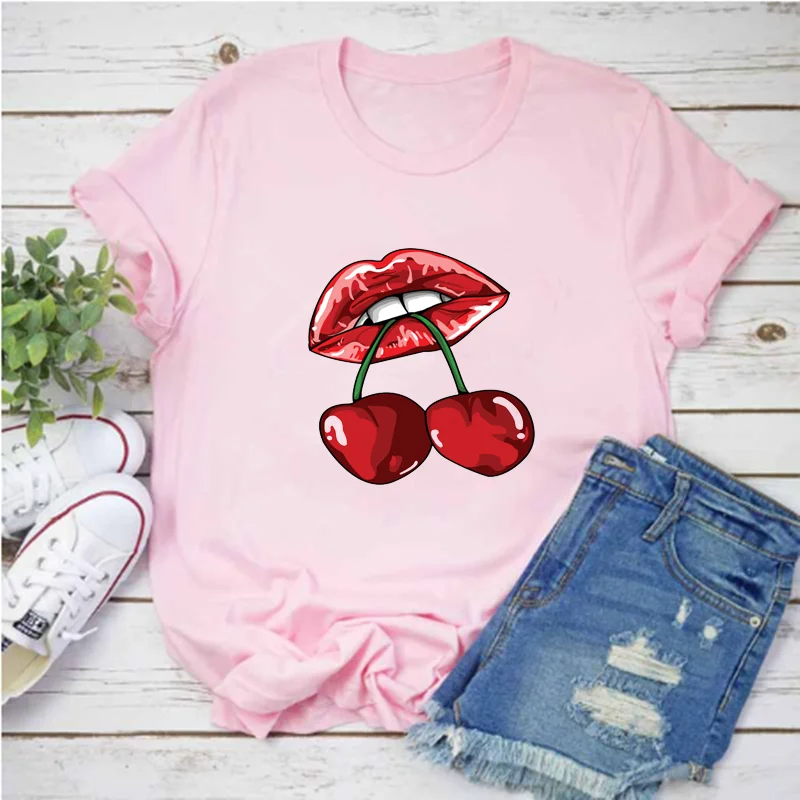 

Mayos Ms. Summer Top Red Mouth Lip Romantic Print T-shirt Short Sleeve O-neck Fashion Clothes Harajuku Casual White T-shirt