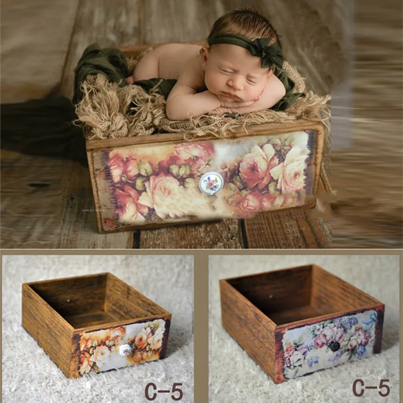 Newborn Photography Prop Photo Props Baby Studio Accessori  Vintage Wooden Drawer Frame  Furnitu Two Sides Print Newborn Shoot