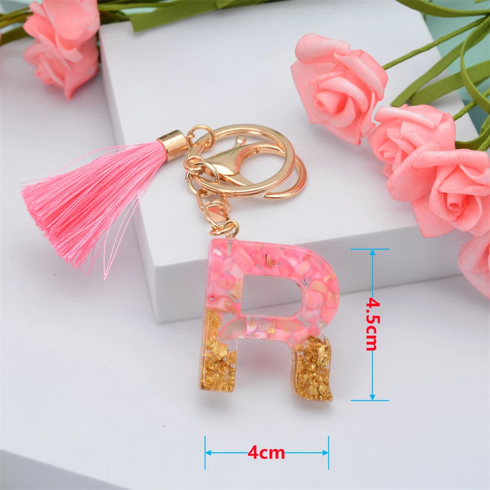 Pink Tassel Gold Foil 26 Letter Pendent Keychain for Women Resin Keyrings Girls Bag Ornamant Accessories Gifts