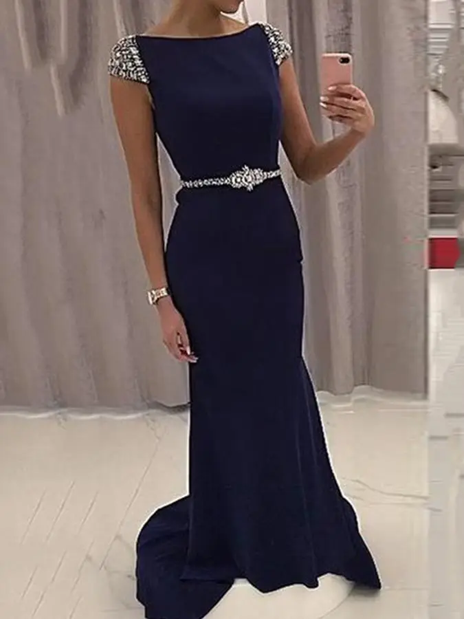 Vintage Marineblauw Avondjurk 2021 Mermaid Kapmouwtjes Kralen Arabische Dubai Prom Partij Jassen Vestidos De Noiva