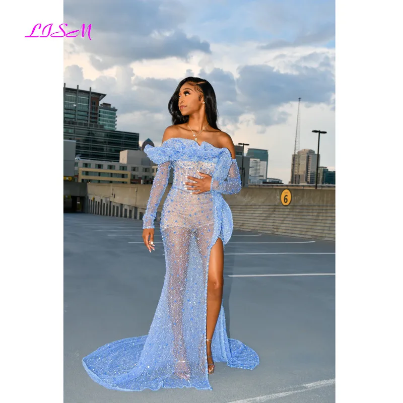 Sexy Prom Dresses Mermaid Ruches Boothals Lange Mouwen Split Pailletten Shiny Avondjurk Plus Size Vrouwen Party Elegante Jurken