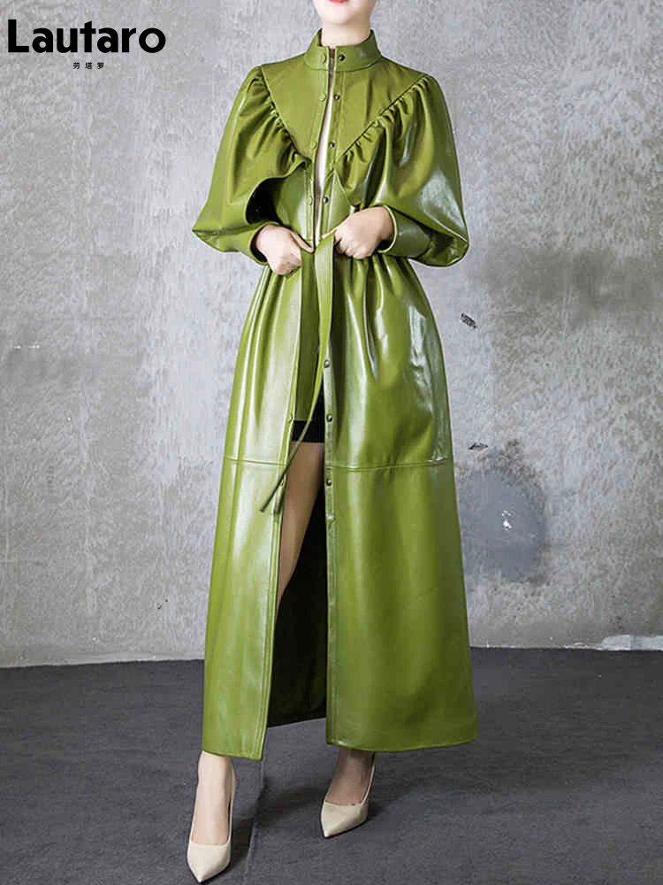 Lautaro Herfst Groen Zwart Maxi Zacht Kunstleer Trenchcoat voor Dames Designer Lang Stijlvol Elegant Luxe Retro Mode 2022