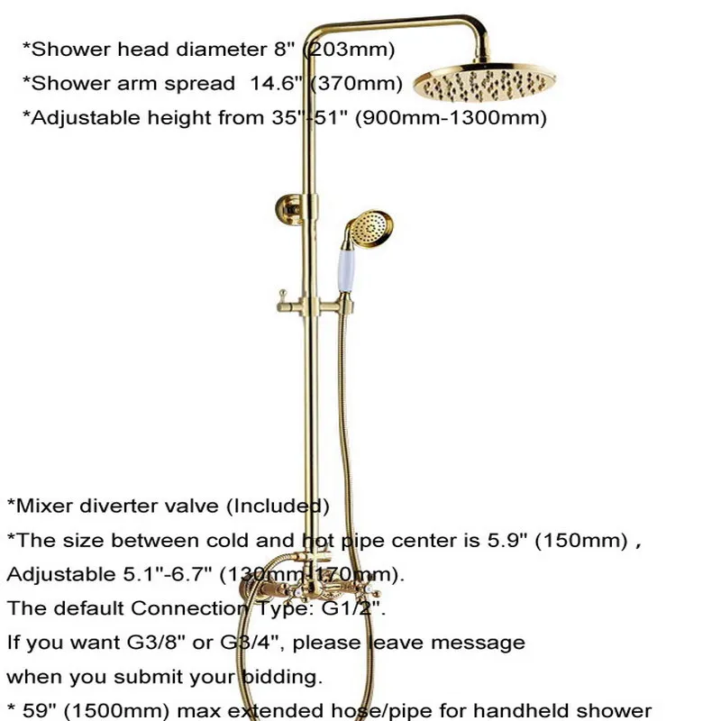 Gold Color Brass Wall Mounted Bathroom 8 Inch Round Rainfall Shower Faucet Set Bath Mixer Tap Hand Shower mgf332