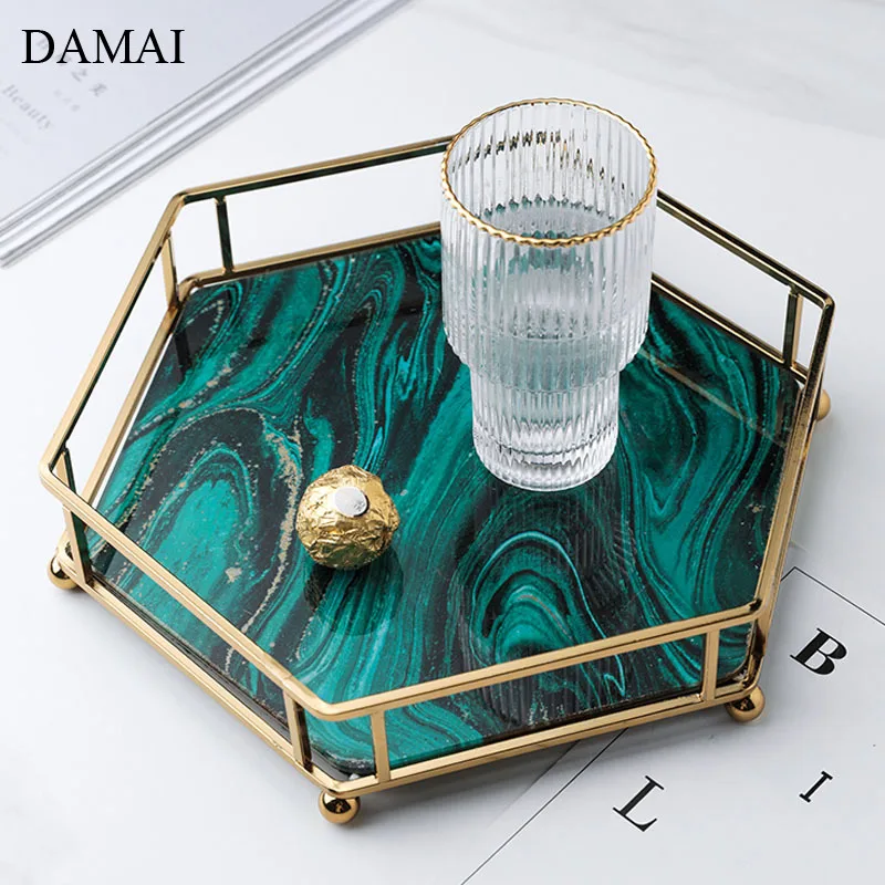 Green Agate Texture Storage Trays Gold Inlay Octagon Glass Jewelry Necklace Display Tray Cosmetic Container Bathroom Decoration