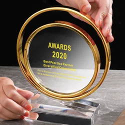 Custom Metal Double Circle Crystal Trophy, Electroplating Gold, Creative Award, Wedding Souvenir, Black Base