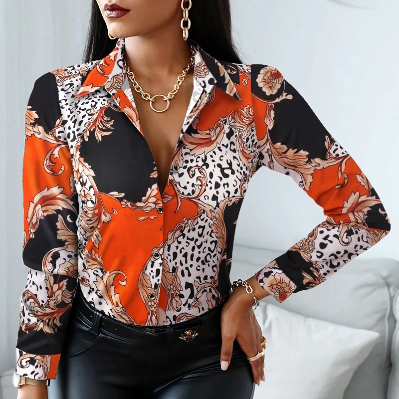 2024 Women Fashion Elegant Scarf Chain Print Button Design Shirt Long Sleeve Patchwork Spring Autumn Officewear Blouse Women