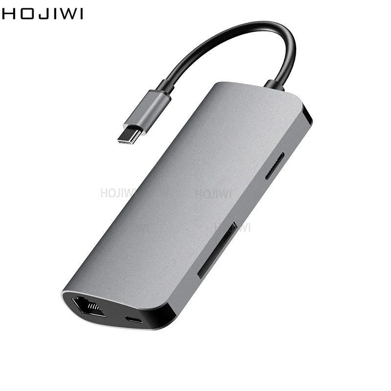 HOJIWI 8 IN 1 Type C Hub USB-C To HDMI 4K  Adapter RJ45 TF SD Reader USB3.0 PD hub Splitter For MacBook Pro/Air/Huawei Mate AA03