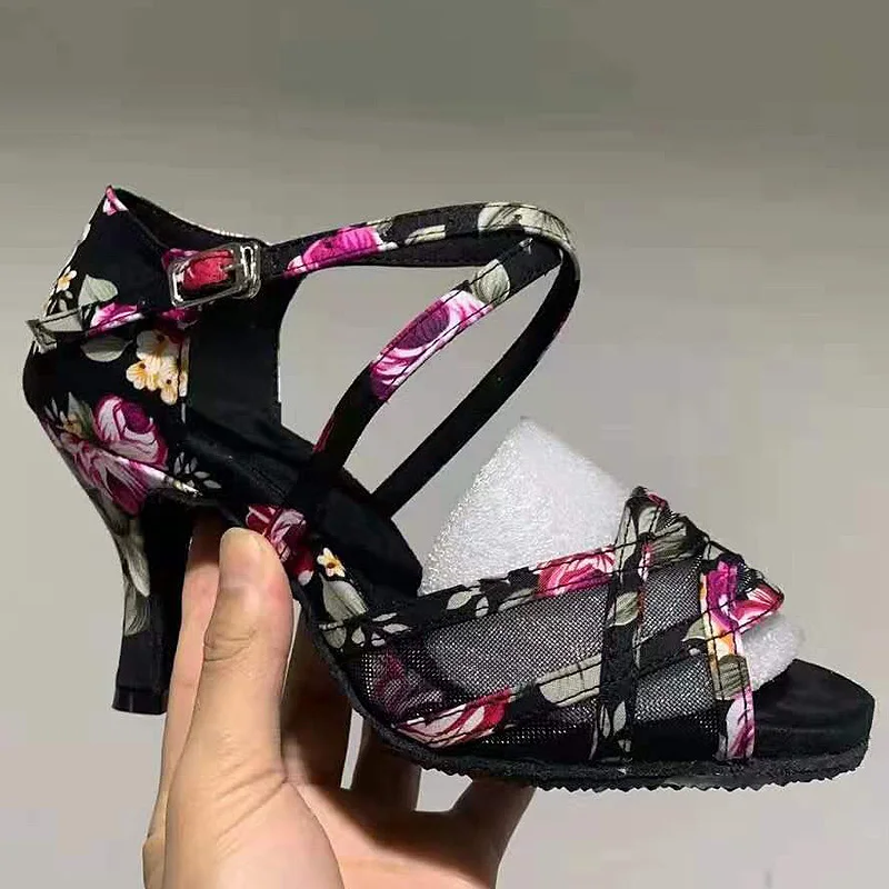 Women Shoes Latin Dance Shoes Middle Heel Cross Strap Follower Design Satin with Mesh New Fashion 2021 JuseDanc