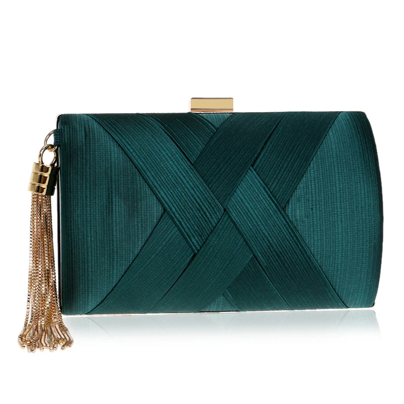 Satin Criss Cross Women Evening Bags Green Color Party Clutch Bags Tassel Golden  Metal Shoulder Chain Handbags