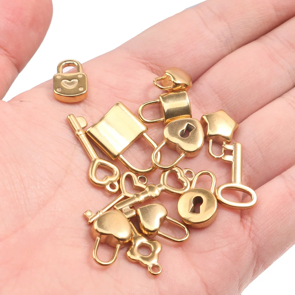 5pcs/lot Stainless Steel Gold Lock Key Charms Couple Love Pendants for Diy Hip Hop Necklace Bracelet Jewelry Makings Wholesale