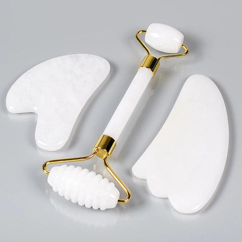 Witte Jade Gezichtsverzorging Massage Zaagtand Roller Gua Sha Tool Set Crystal Mineral Stone Gezondheid Eye Huid Acupunctuur Schoonheid Massager