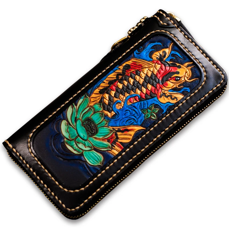 Men Genuine Leather Engraving Wallets Carving Carp Bag Purses Women Long Clutch Vegetable Tanned Leather Wallet