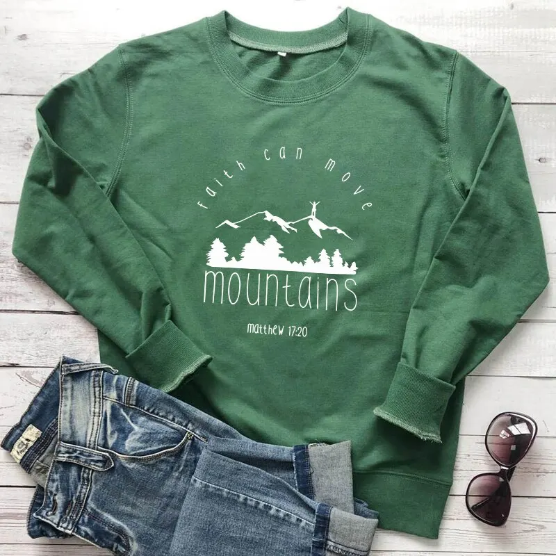 Faith Can Move Mountains Matthew 17:20 Sweatshirt Vintage Women Graphic Inspiring Christian Bible Verse Pullovers Sweatshirts