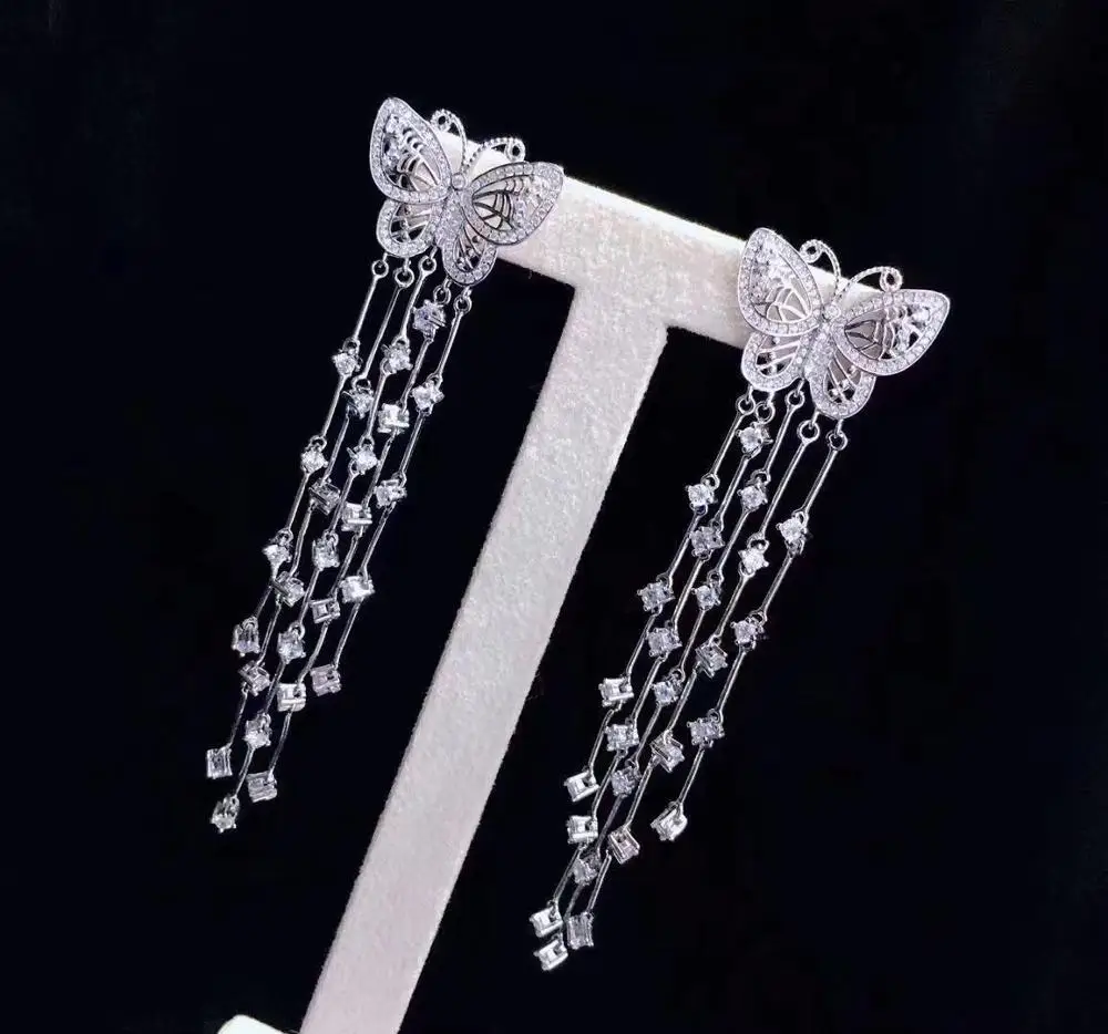 

insect 925 sterling silver with cubic zircon drop earring long tassels fine women jewelry free shipping high quality