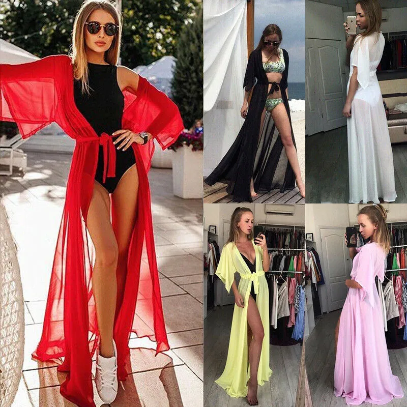 New Women Beach Cover Up Sexy Bikini Chiffon Long Dress For Women Solid Beach Dress Women Summer Bathing Suit Beach Tunic Kaftan