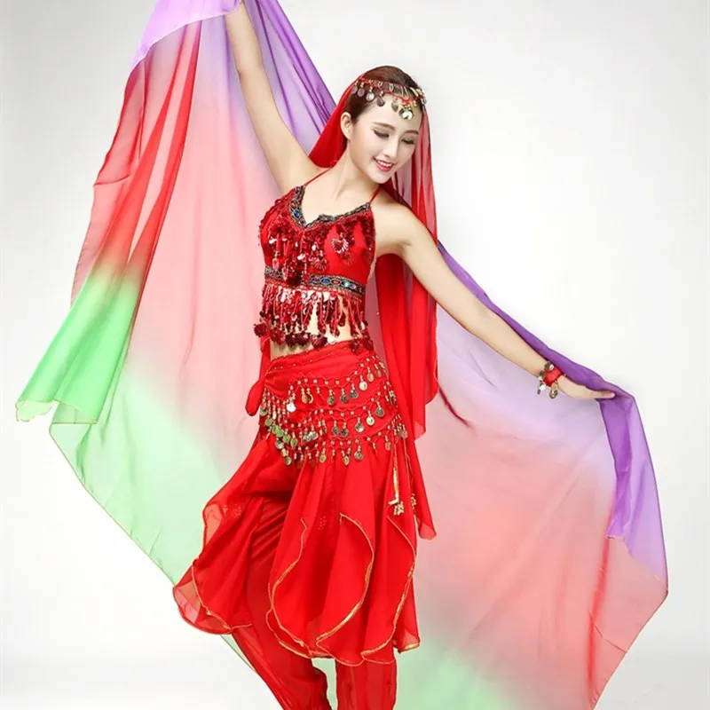 Cheap Belly Dance Chiffon Veils Scarf 220CM 250CM 270CM Women Dancer Hand Throw Scarves With Trim Gradient Color