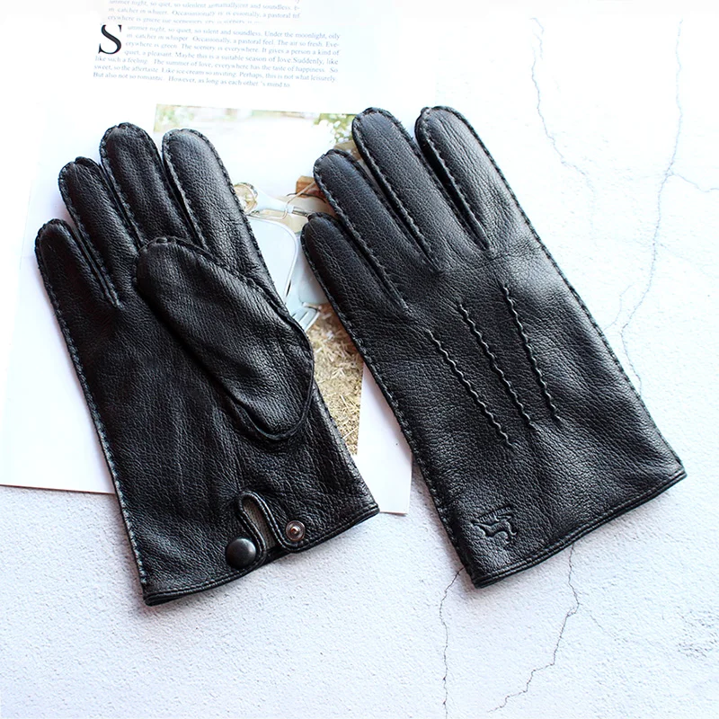 Winter Driving Leather Deerskin Gloves Men\'s Fashion New Wool Lining Autumn Warmth Motorcycle Riding Driver Finger Gloves