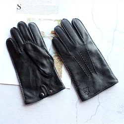 Guantes de cuero de piel de ciervo para conducir para hombre, forro de lana, guantes de dedo para conductor de motocicleta, cálidos, moda de invierno, Otoño, nuevo