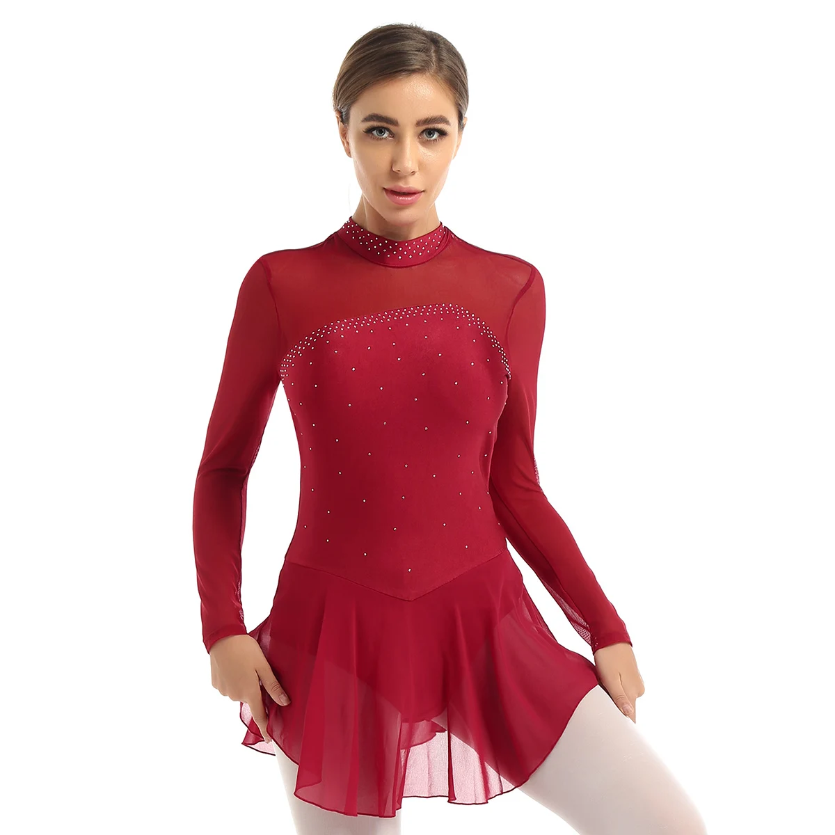 Women Adults Shiny Rhinestones Mesh Keyhole Back Opening Figure Ice Skating Roller Skating Ballet Dance Leotard Performing Dress