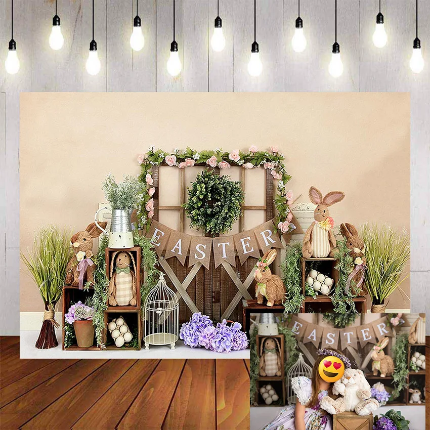 

Mehofond Spring Easter Photography Background Wooden Door Rabbit Egg Colorful Flowers Newborn Baby Backdrop Photocall Studio