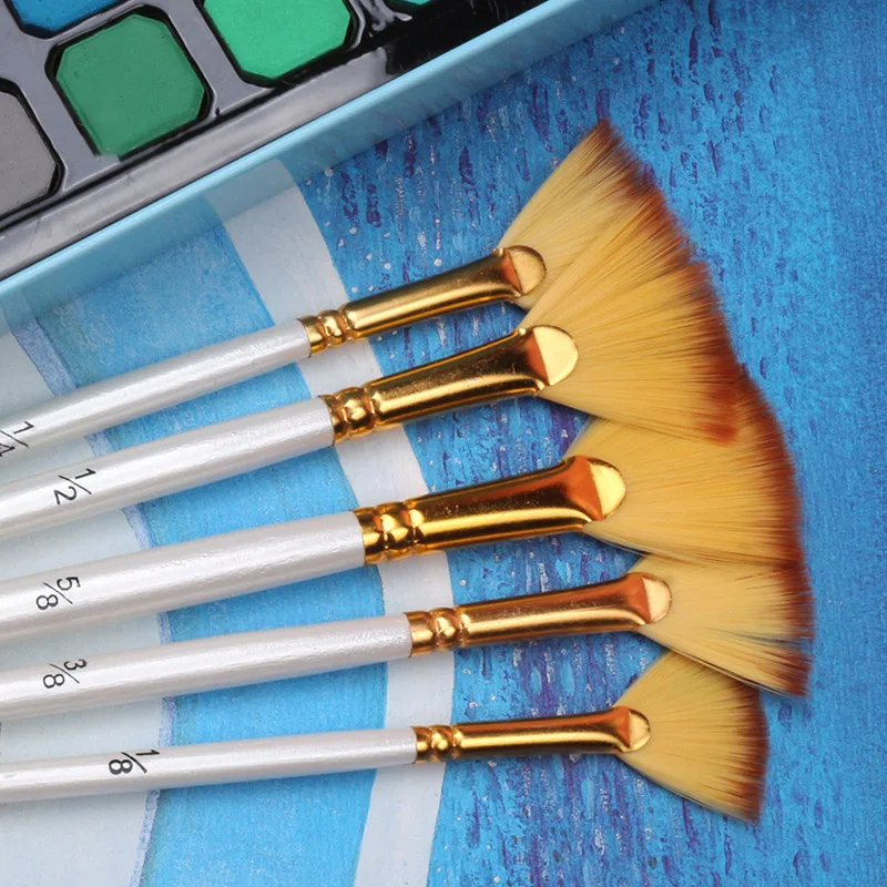 5 pcs set student short-wood pole fan shape paint brush white gouache water painting bicolor nylon hair acrylic oil painting pen