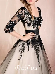 A-Line Elegant Vintage Engagement Prom Dress Scoop Neck Half Sleeve Ankle Length Lace Tulle with Appliques 2021