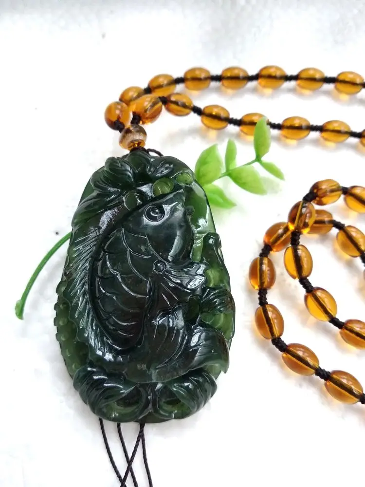 

Nature deep green jade Pendant Carven cyprinoid Amulet Hanging Mala Bead necklace