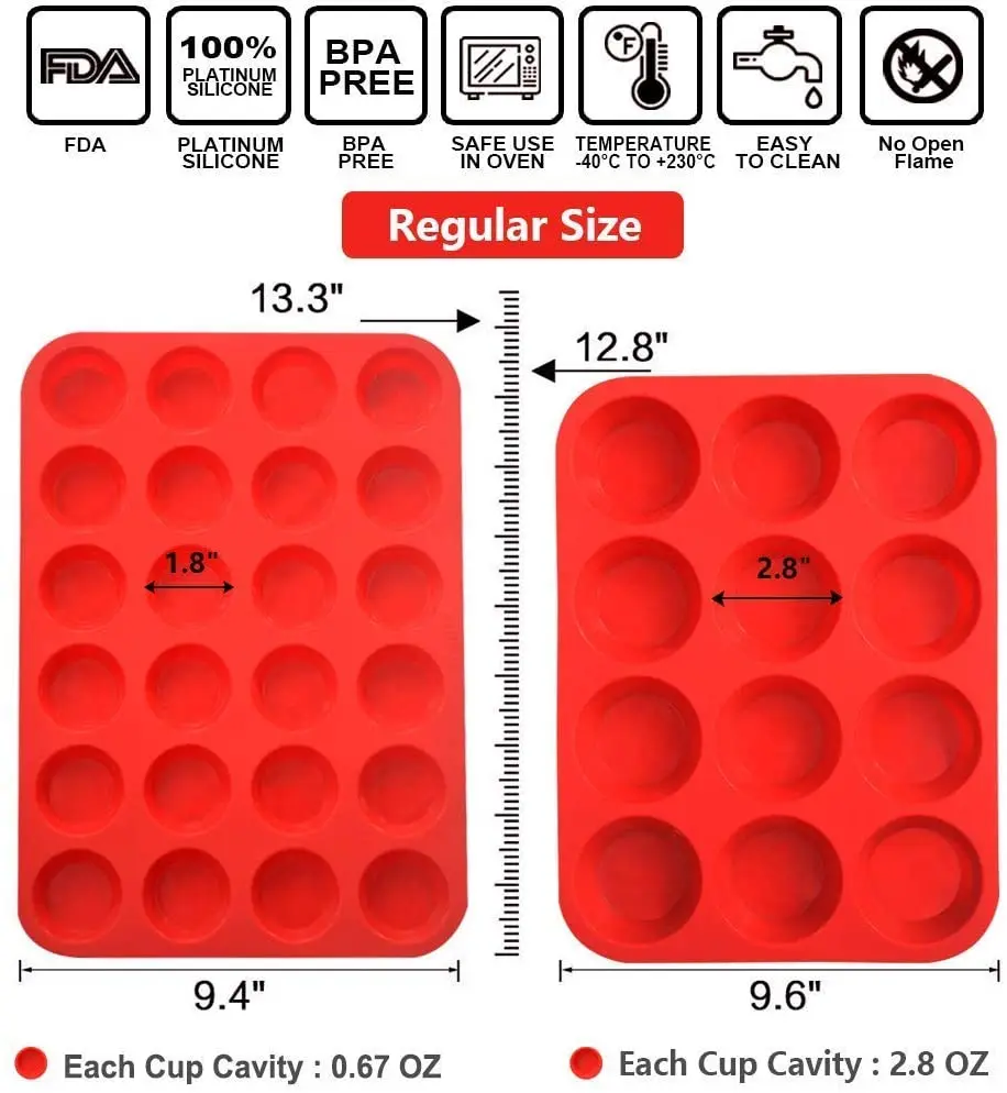 Walfos 100% Food Grade 12 Cup Silicone Muffin Pan &Cupcake Baking Pan Non-Stick Silicone Cake Mold Round Mini Muffin Pan Form