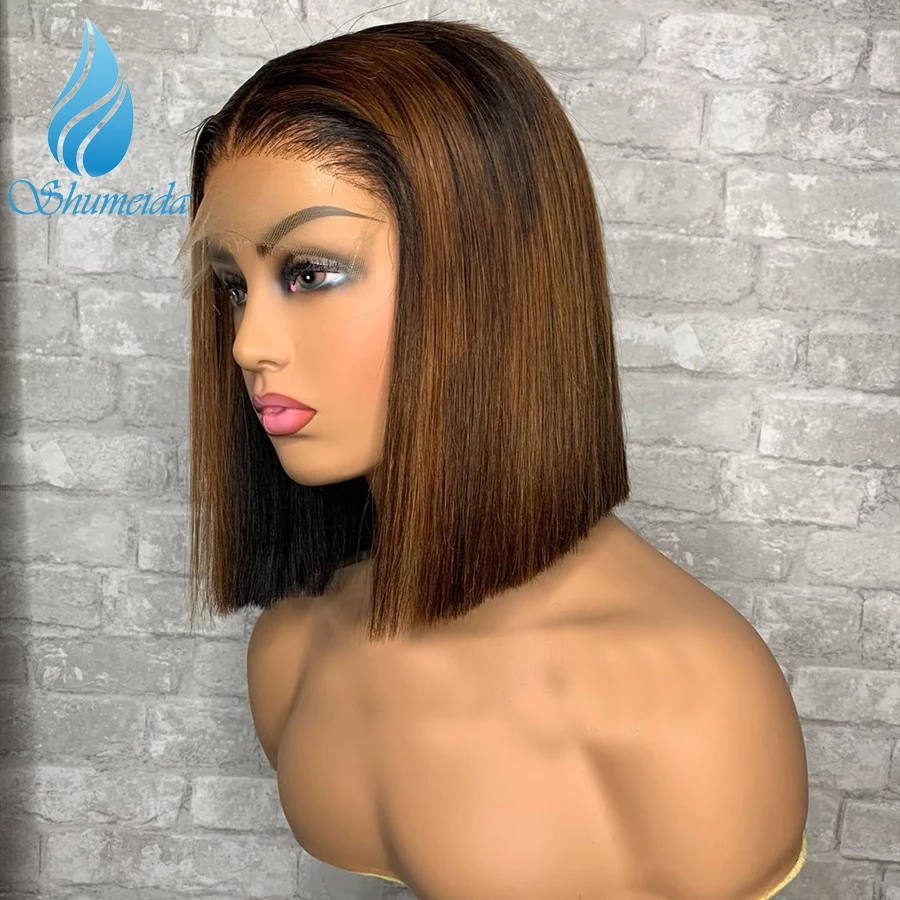 

Shumeida Ombre Brown Color 13x4 Lace Front Wigs Peruvian Remy Human Hair Short BoB Wig Baby Hair For Black Women 150% Density