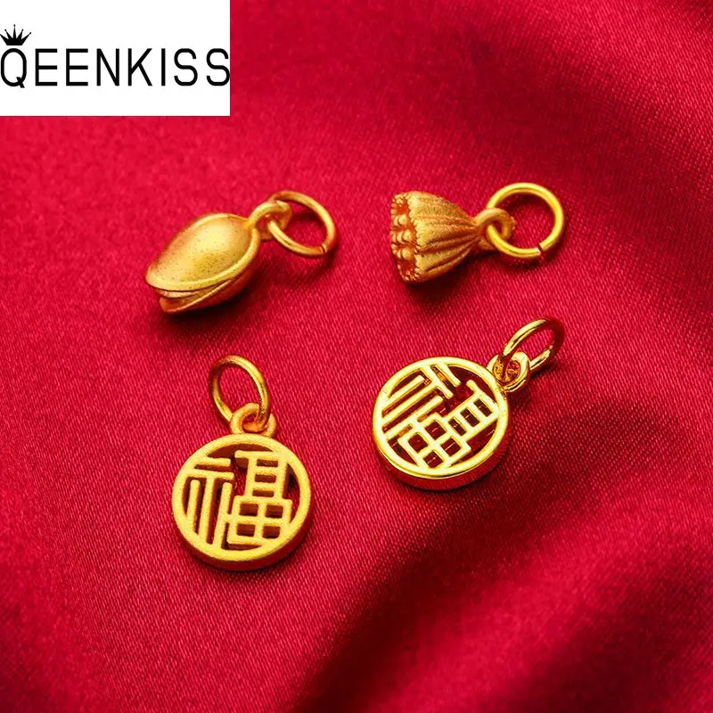 QEENKISS PT509 Fine Jewelry Wholesale Fashion Hot Woman Girl Mother Birthday Wedding Gift Lotus FU 24KT Gold DIY Pendant Charm