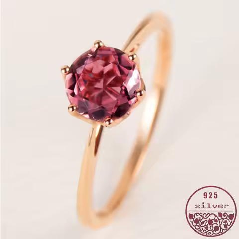 925 Sterling Silver Rose gold Single diamond inlaid round candy light luxury six-claw elegant pomegranate ruby women's ring