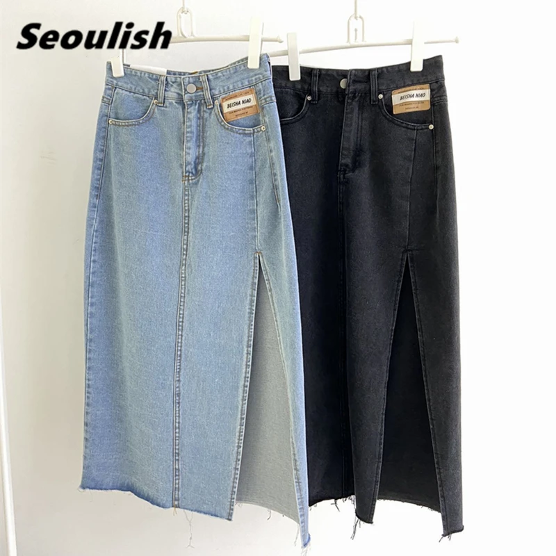 Seoulish Summer 2022 New Women\'s Long Denim Skirt Vintage High Wasit Jeans Skirt Female Straight Side Split A-line Pencil Skirts