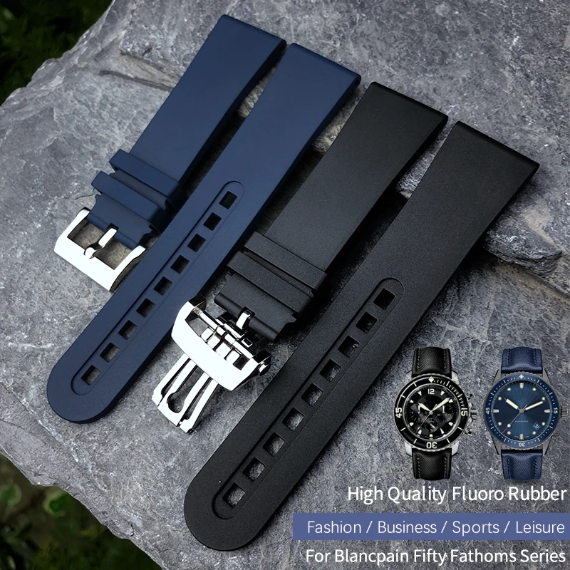 23mm Fluorine Rubber Silicone Watch band Replacement For Blancpain Fifty Fathoms Black Blue Soft Strap Stainless Steel Buckle