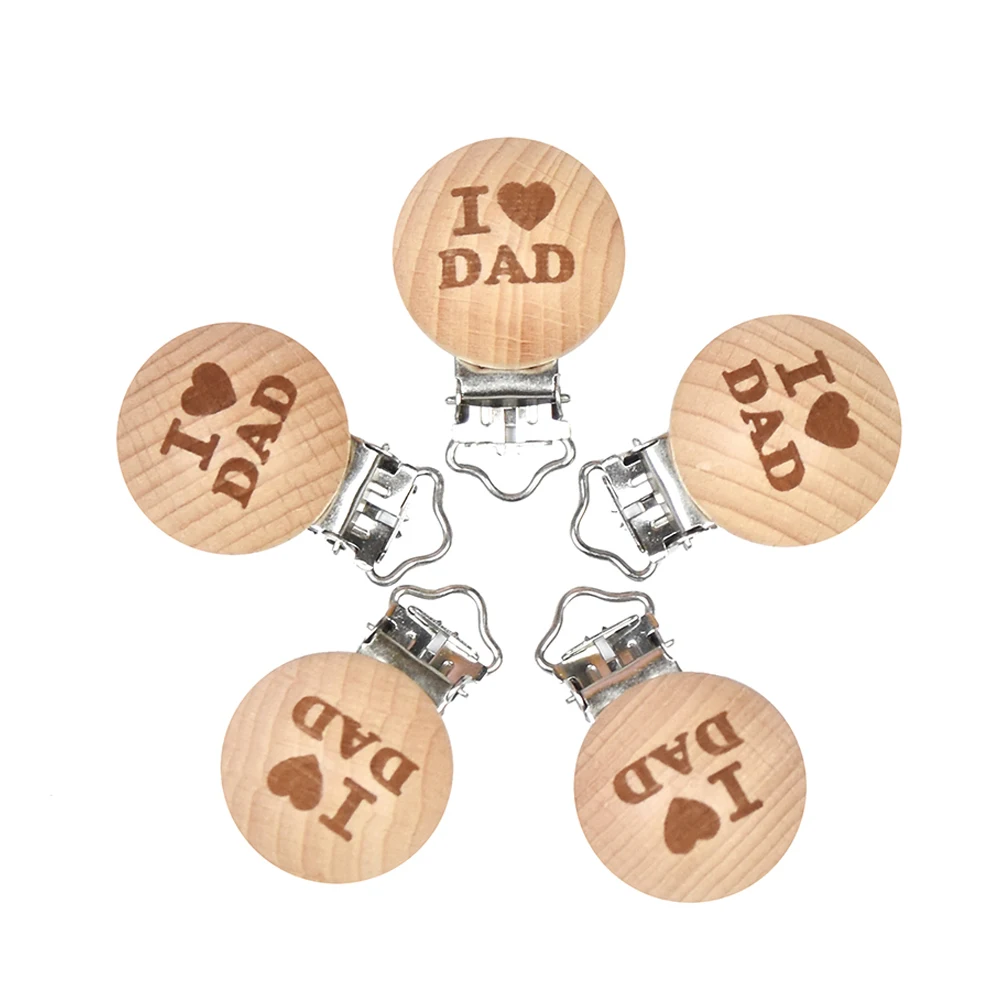 Mabochewing 10pcs 30mm 35mm Laser Patern Metal Steel Round Beech Wood Clips Baby Teethers Toys Pacifier Chain Holder Making