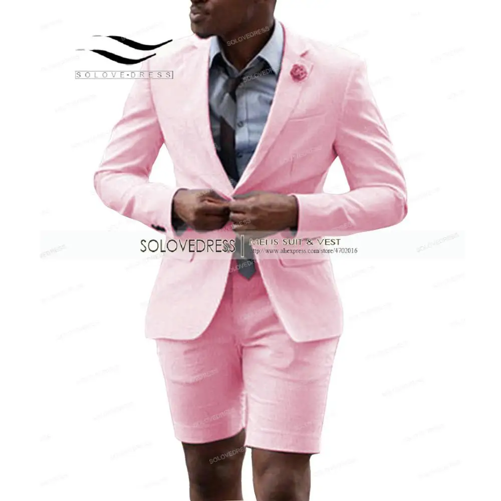 Men's Business Holiday Short Pants Suits 2 Pieces Regular Fit Notch Lapel Solid Prom Pink Tuxedos For Wedding (Blazer+Pants)