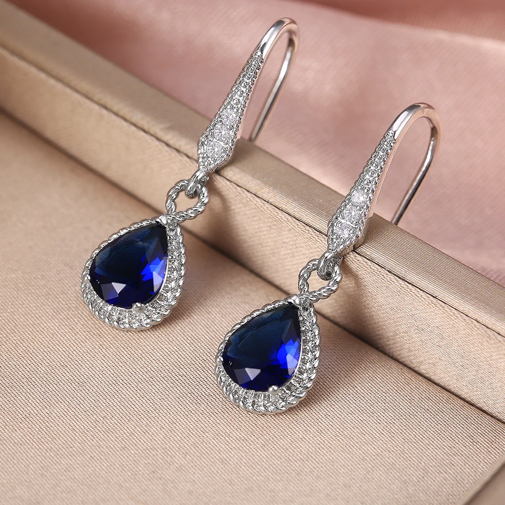 Huitan Elegant Blue Water Drop Shape Dangle Earring for Women Evening Party Delicate Wedding Anniversary Gift for Lover Earrings