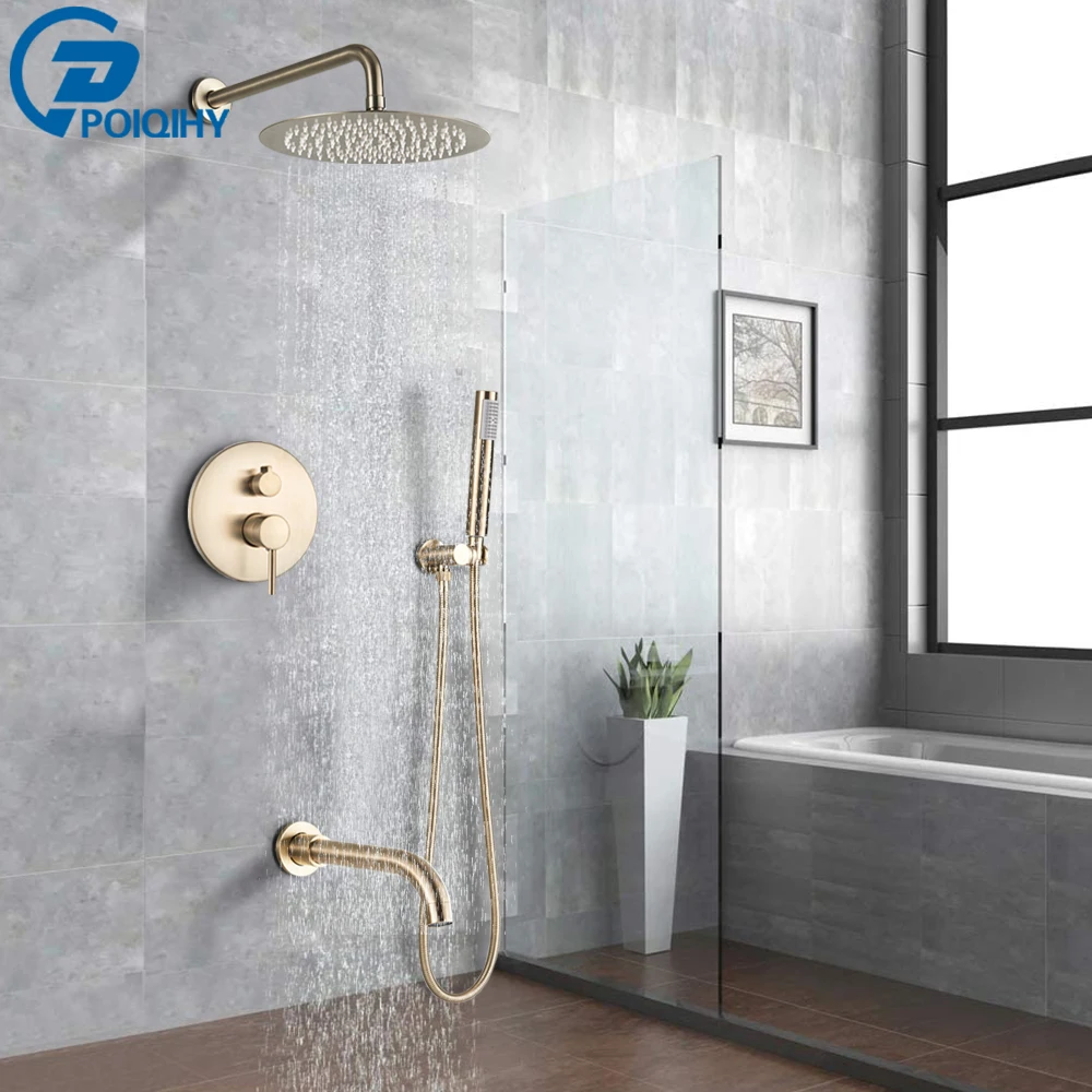 

POIQIHY Brushed Gold Shower Faucet Embedded In Shower Mixer Tap Wall Mounted Bathroom Rainfall Shower Tap Set Brass 3-ways