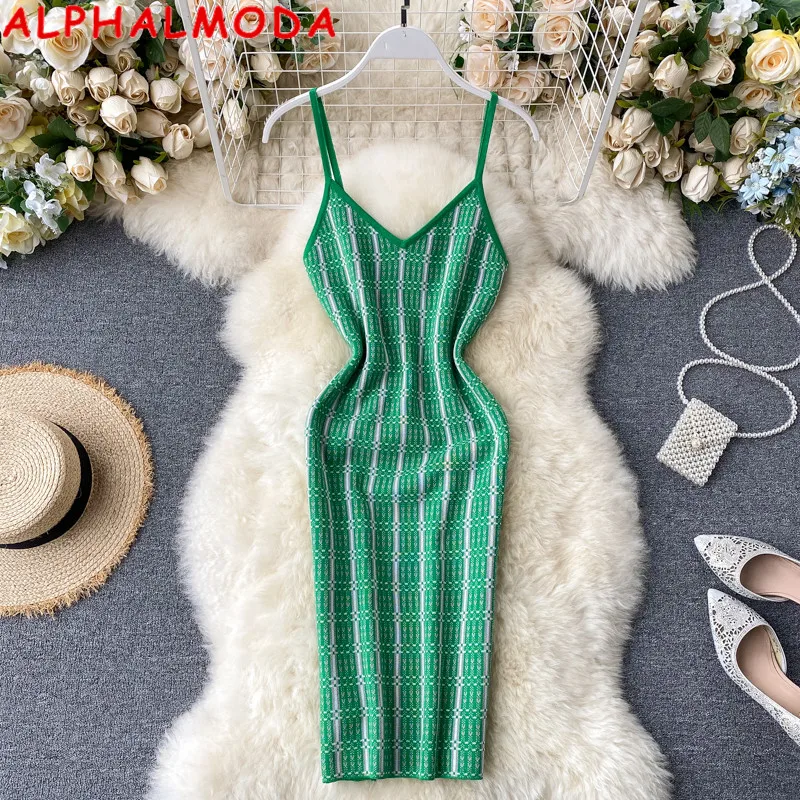 

ALPHALMODA 2020 Women Plaids Sling Knit Dress V-neck Pullovers Ladies Summer Body-con Stretchy Step Dress Trendy Sweater Dress