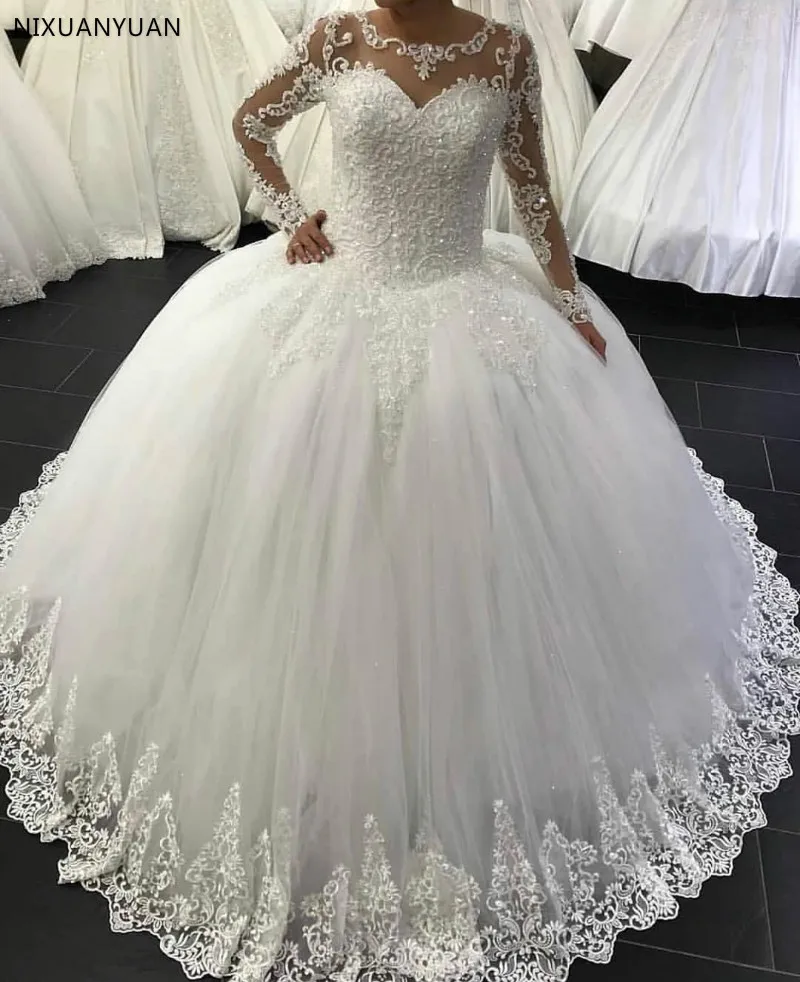 Vestidos De Noiva 2023 Ball Gown Long Sleeve Wedding Dress Button Lace Appliques Princess Wedding Gowns Robe Mariage