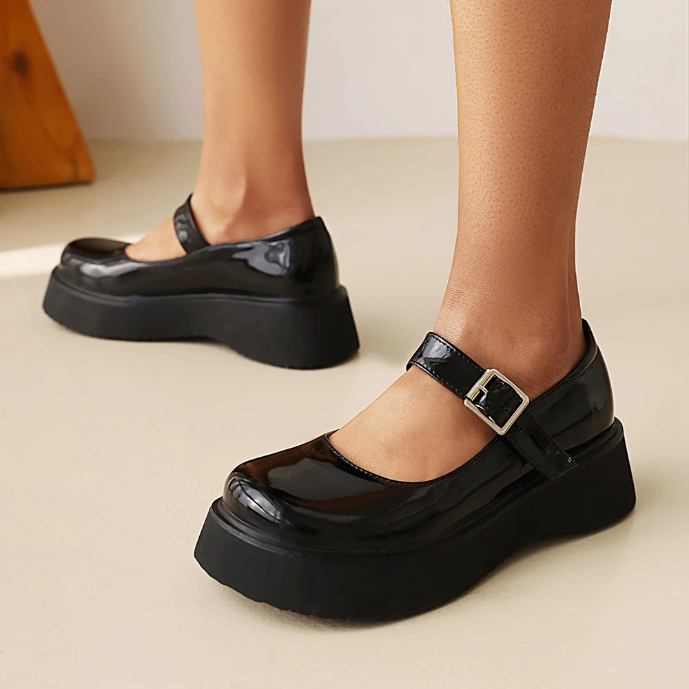 Sweet Dark Blue Mary Jane Shoes Japanese Kawaii Shiny Patent Leather Metal Belt Buckle Women\'s Pumps Platform Heel Shoes