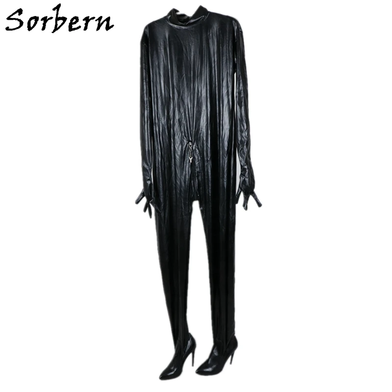 Sorbern Custom Cat Suit buty krocza z rękawiczkami wysokie obcasy podwójne zamykane na zamek duże Streched Bodywear Bdsm buty Pointy Toe