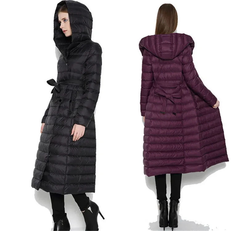 Woman Light Down Jacket Hooded Winter Long Coat Women Double-breasted with Belt Jackets Parka Casacas Para Mujer KJ414