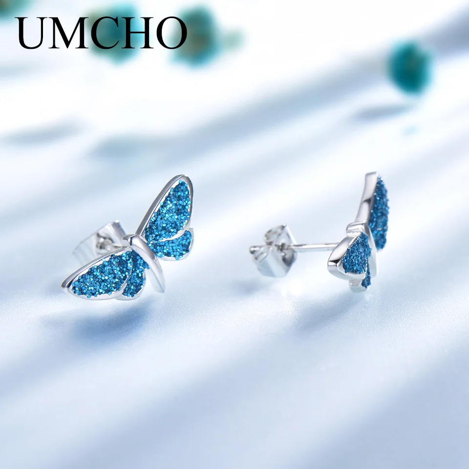 UMCHO Blue Dragonfly Sequins Stud Earrings Real 925 Sterling Silver Jewelry Romantic Earrings For Women Cute Birthday Gift