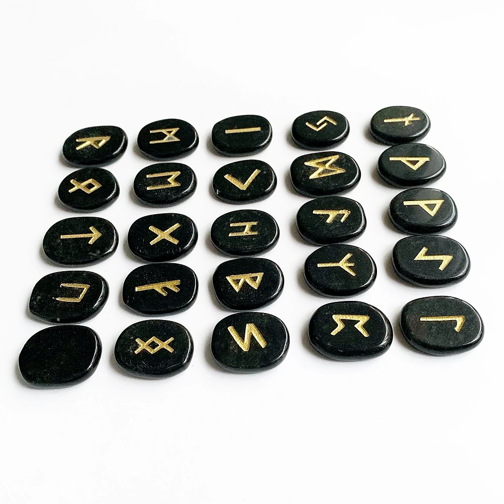 Natural Black Obsidian Palm Stones Viking Runes Amulet Divination Palmstone Crystal Nordic Runes Stones Set Symbols Crafts 25pcs