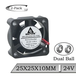 2Piece Gdstime DC 24V 25mm Ball Bearing 2Pin Mini Cooler Fan 25x25x10mm 2510 Brushless Cooling Fan