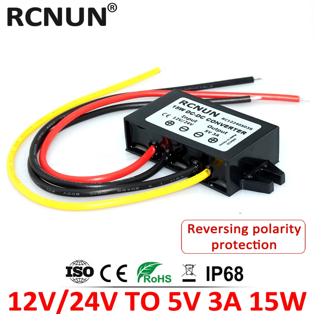 RCNUN 12V 24V to 5V 3A 5A 10A Step Down DC DC Converter Regulator 50W 24 12 Volt Buck to 5 Volt LED Power Supply for Cars